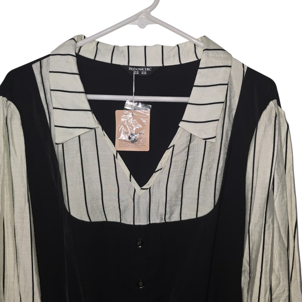 Bloomchic Women Plus US 26 Black Pinstripe Faux Layered Button Front Top Blouse
